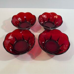 Vintage Anchor Hocking Set of 4 Four Royal Ruby Red Scallop Dessert Berry Bowls